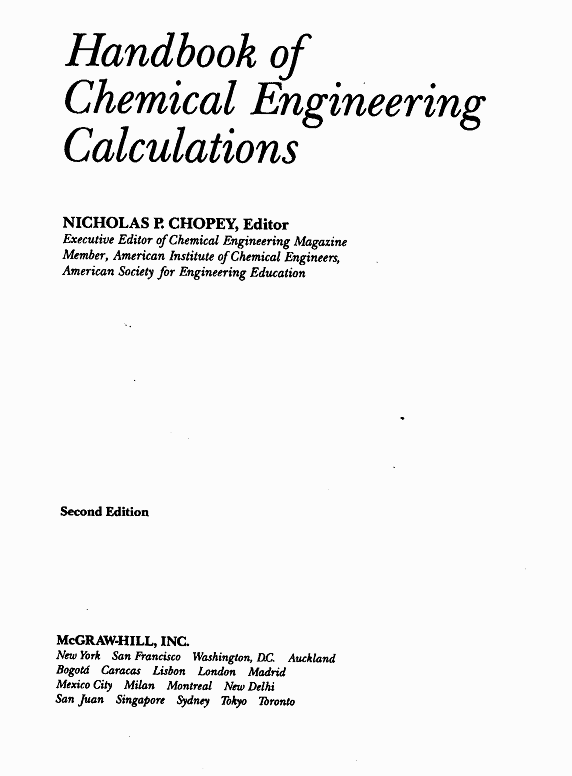The title page of Handbook of Chemical Engineering Calculations by Nicholas P. Chopey.